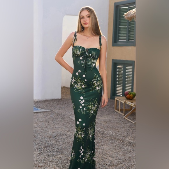 Marthea Dresses & Skirts - Marthea • Green Floral • Tie-Shoulder Maxi Dress